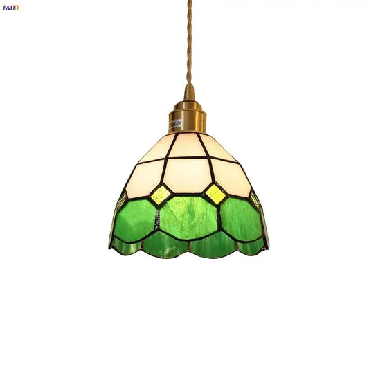 Tiffany green and cream stained glass led pendant lamp with brass finish ideal for dining room lighting