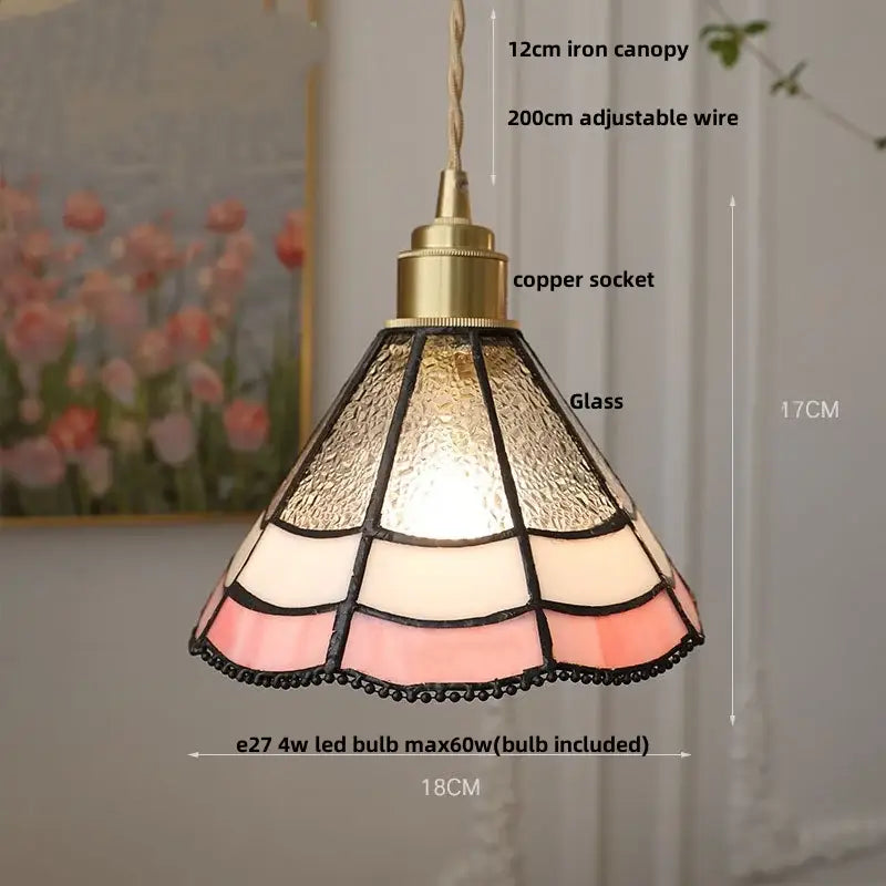 Vintage-style led pendant lamp with amber and pink stained glass panels and brass-finished copper socket for dining room