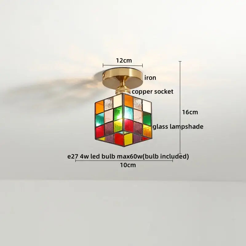 Tiffany green fish scale glass led ceiling lights featuring a colorful stained glass cube with brass iron base and copper socket