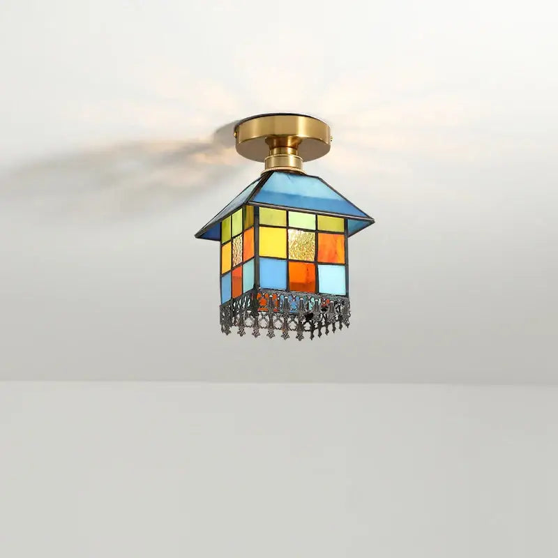 Tiffany green fish scale glass led ceiling lights with colorful stained glass and brass base for living room ceiling lights