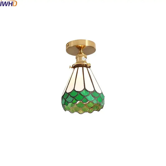 Tiffany green fish scale glass led ceiling lights with brass base featuring stained glass shade for living room ceiling lights