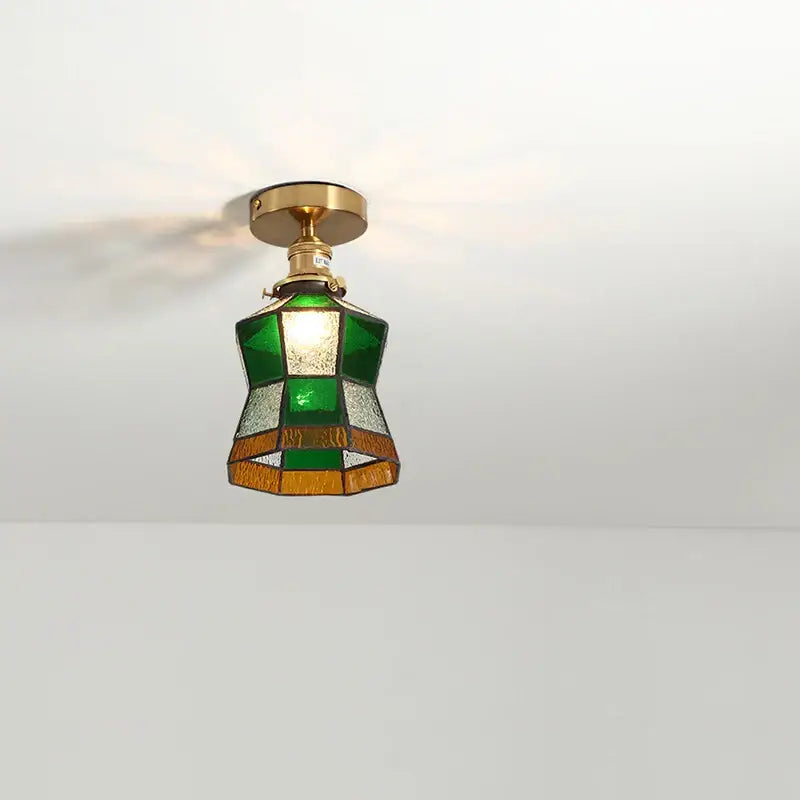 Tiffany green fish scale glass led ceiling lights feature a vintage geometric stained glass shade with brass hardware