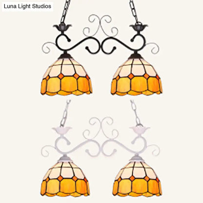 Ornate black metal DecorBites ceiling light with two amber cream stained glass shades ideal for dining room lighting