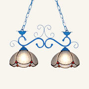 Blue wrought iron scalloped edged island light fixture with two floral stained glass shades and red bead accents 220v-240v