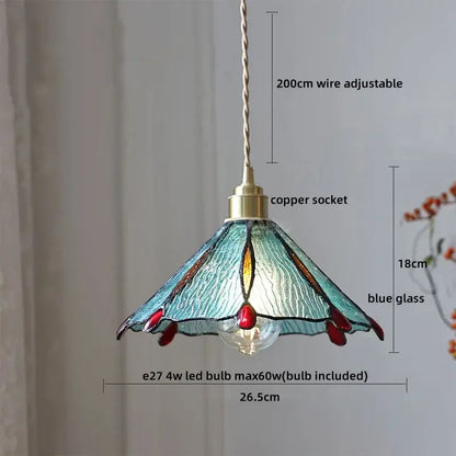 A delicate tiffany stained glass copper led pendant lamp with blue and red shade for dining room lighting