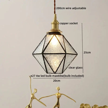 Tiffany stained glass copper led pendant lamp with geometric clear glass shade and brass accents for dining room