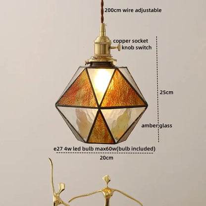Tiffany stained glass copper led pendant lamp with amber glass panels and brass copper socket switch for dining room