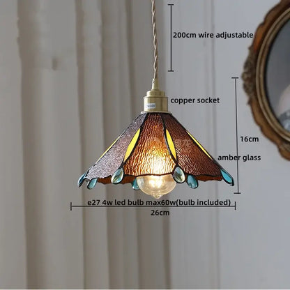 Tiffany stained glass copper led pendant lamp with warm amber glass copper led shade and adjustable 200cm wire