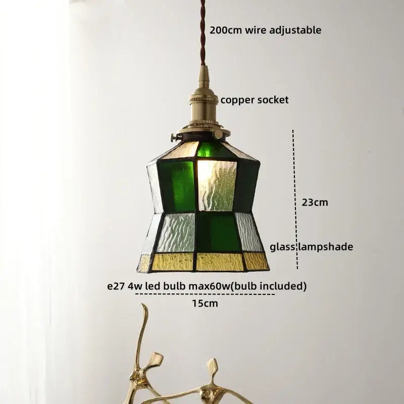 Vintage-style green and gold tiffany stained glass copper led pendant lamp with copper socket for dining room lighting