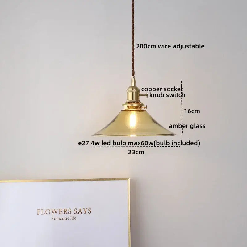 Tiffany stained glass copper led pendant lamp with brass pendant light amber glass shade and 200cm adjustable wire