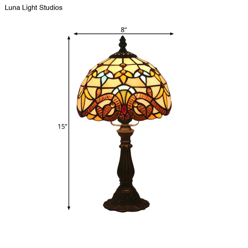 Tiffany stained glass table lamp with blue and pink floral shade and dark bronze base for 110v-120v use