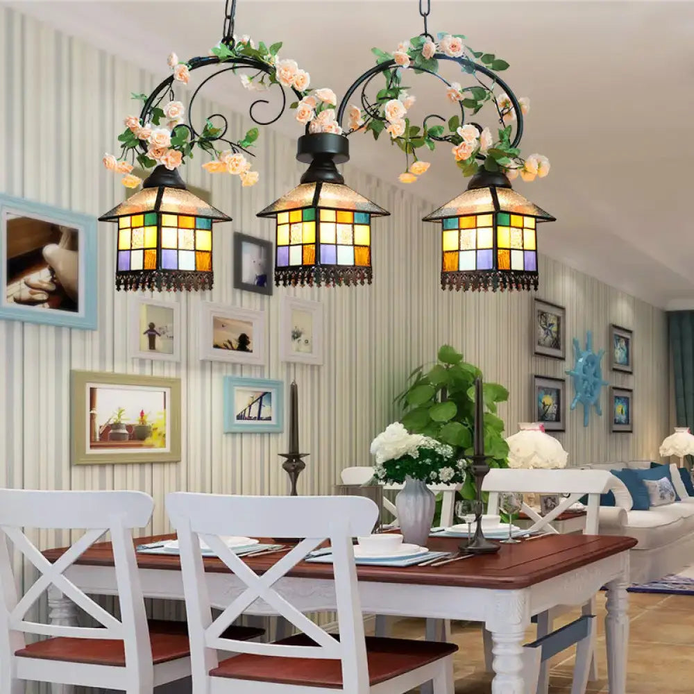 DecorBites Tiffany style island light with three clear blue stained glass shades and black wrought iron frame for balcony use