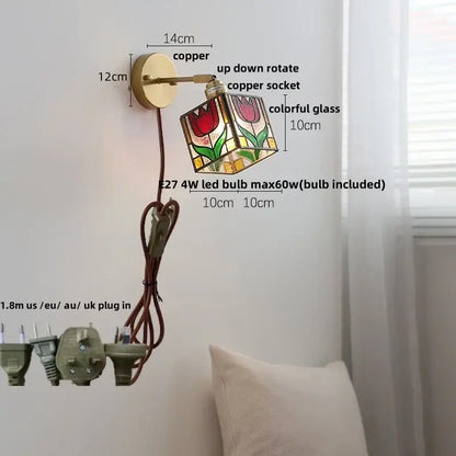 Copper wall sconce with decorbites colorful square glass featuring a red tulip design for bedroom wall lights decor