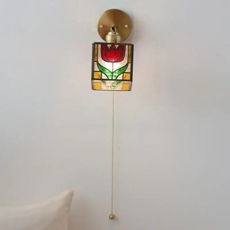 Tiffany style wall lights featuring a colorful square glass red tulip design on a brass fixture for bedroom decorbites colorful square