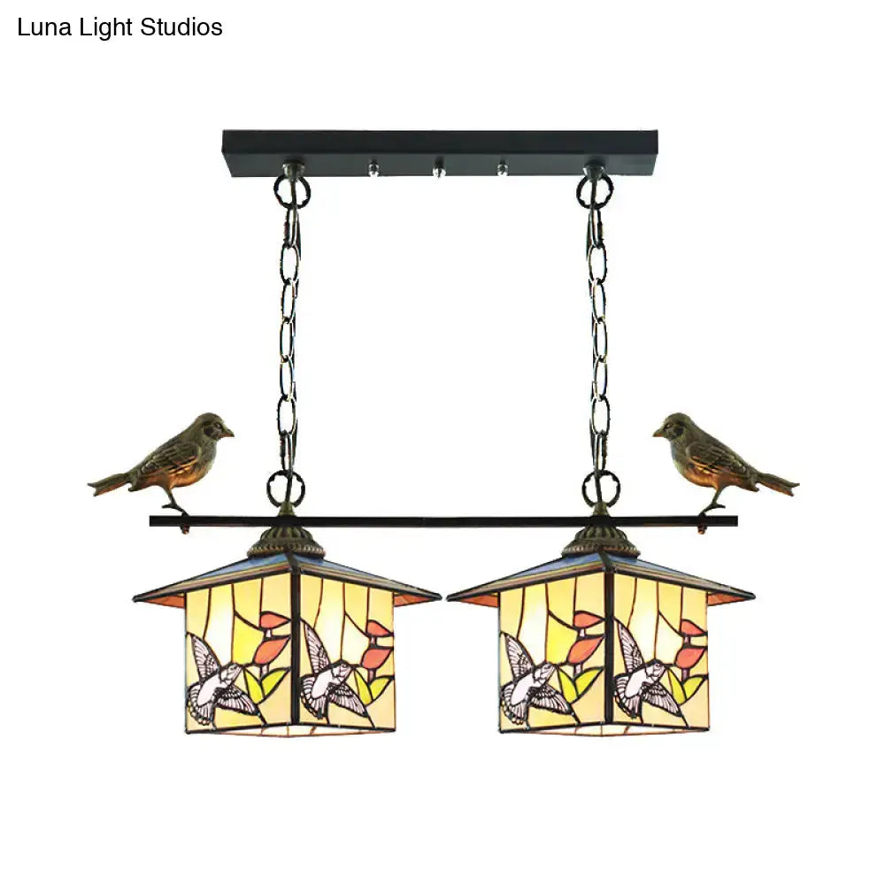 Decorbites tiffany style house shaped island light with stained glass beige bird pendant and two stainless steel heads 110v 120v
