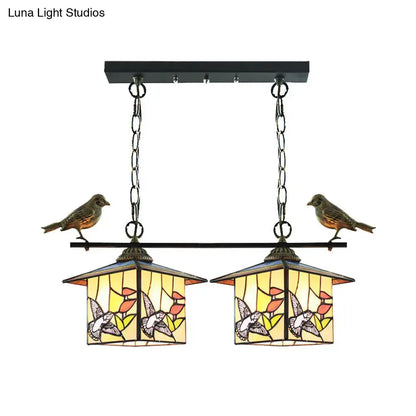 Decorbites tiffany style house shaped island light with stained glass beige bird pendant and two stainless steel heads 110v 120v