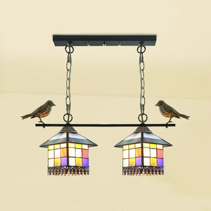 Decorbites™ vintage-style pendant light with stained glass shades in warm hues and ornate metalwork for 220v-240v use