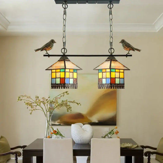DecorBites blue clear tiffany style pendant light with two colorful stained glass shades and black metal frame for 220v-240v use