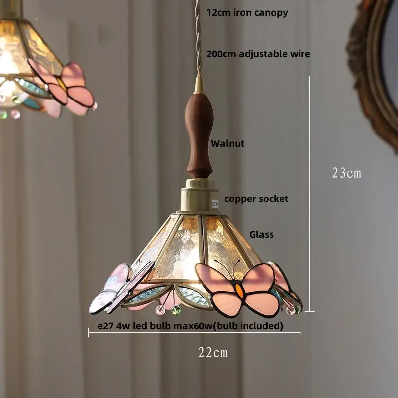 Tiffany style pink and peach butterfly glass flower led pendant lamp with delicate decorbites butterfly glass design