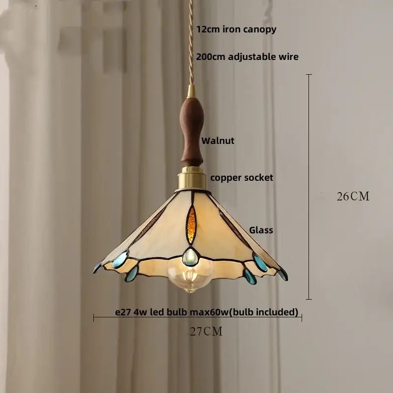 Vintage-style pendant lamp with cream teal and amber stained glass flower led shade for decorbites butterfly glass decor