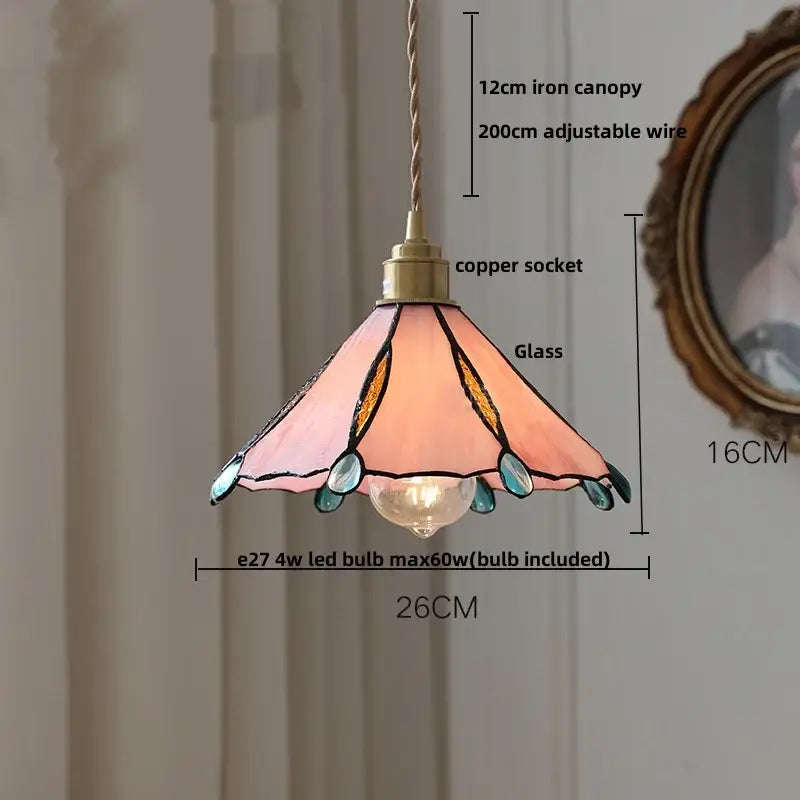 Tiffany style pink and peach butterfly glass flower led pendant lamp with brass copper socket for bedroom decorbites butterfly glass