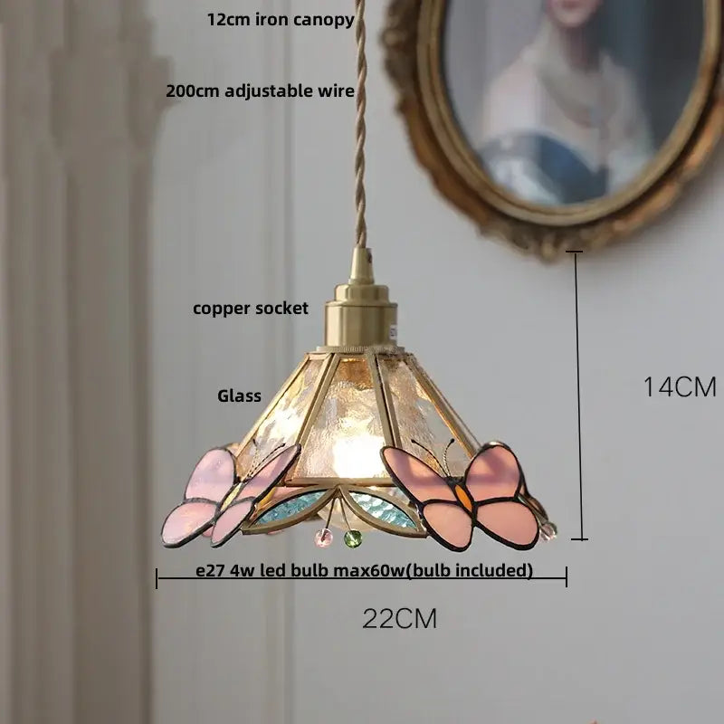 Tiffany style pink and peach butterfly glass flower led pendant lamp with brass copper socket for bedroom decorbites butterfly glass