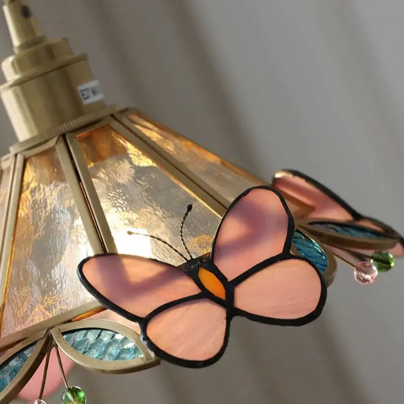 Tiffany style pink and peach butterfly glass flower led pendant lamp with delicate pink decorbites butterfly glass ornament