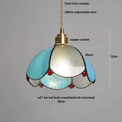 A tiffany style pink and peach butterfly glass flower led pendant lamp with turquoise glass shade and red bead accents