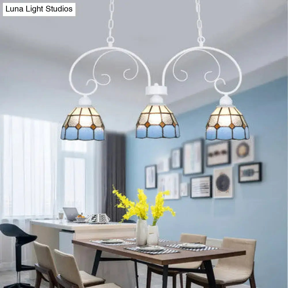 White wrought iron DecorBites™ Tiffany dome shade island pendant light with pink white stained glass and adjustable chain cord length