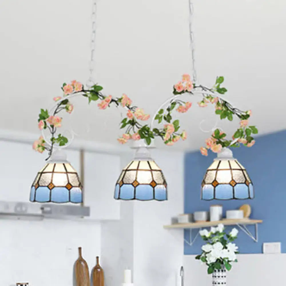 DecorBites™ tiffany dome shade island pendant light with three blue stained glass shades and chain cord length for dining room