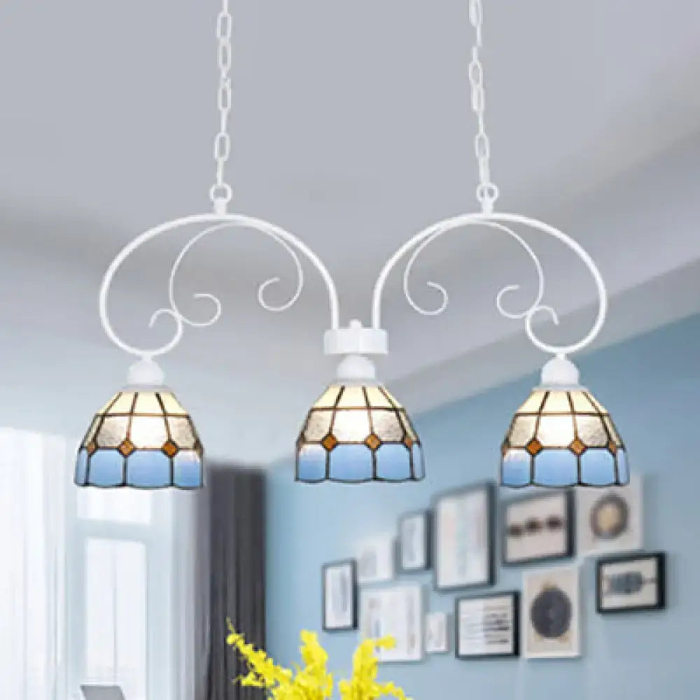 Decorbites tiffany dome shade island pendant light with three led lights pink white stained glass and chain cord length