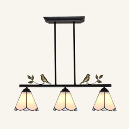 Black metal tiffany style island ceiling light with three stained glass shades amber blue and bird decor chain cord length adjustable