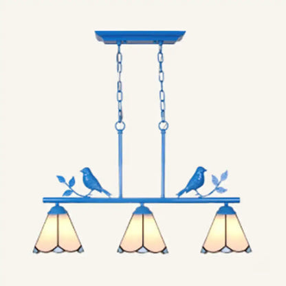 Blue metal DecorBites Tiffany style ceiling light with three amber glass shades and bird motifs on chain cord length
