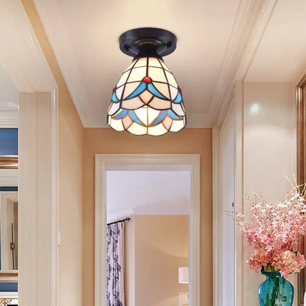 Decorbites tiffany style stained glass shaded semi flush ceiling mounted light with black metal base and blue cream red patterns