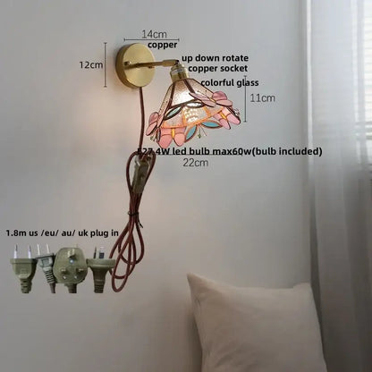 Tiffany tulip colorful square glass wall lights bedroom sconce with copper arm and intricate pink blue stained glass shade