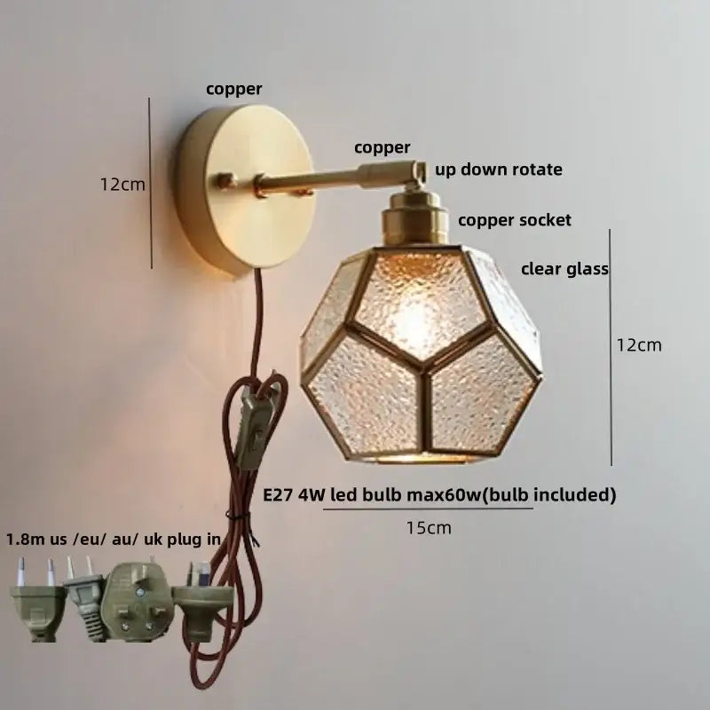 Copper wall sconce with faceted clear glass shade and adjustable arm decorbites colorful square glass wall lights for bedroom decor