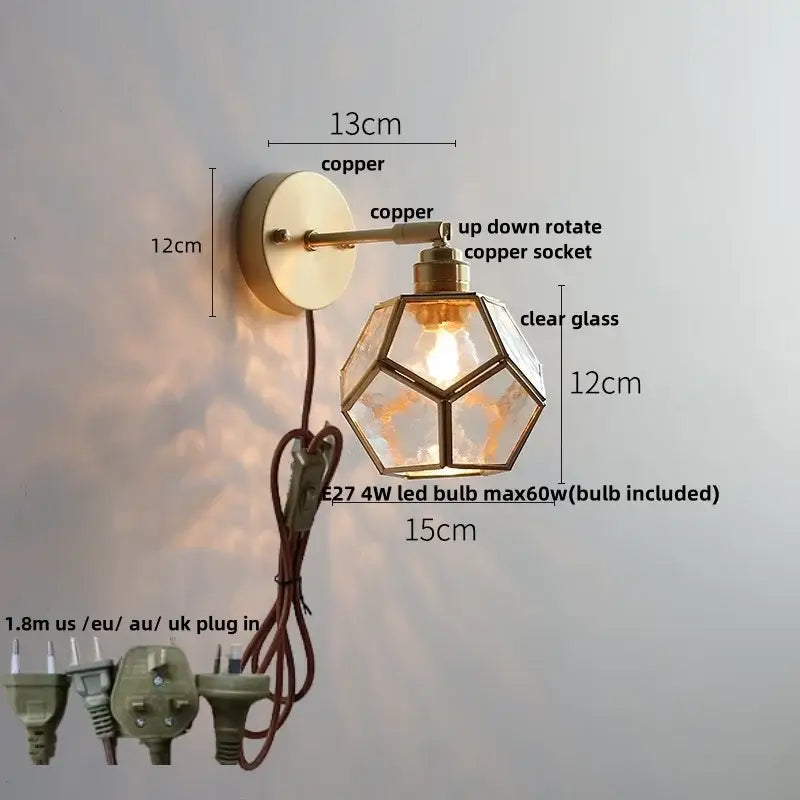 Copper wall sconce with geometric clear glass shade from decorbites colorful square glass wall lights collection for bedroom decor