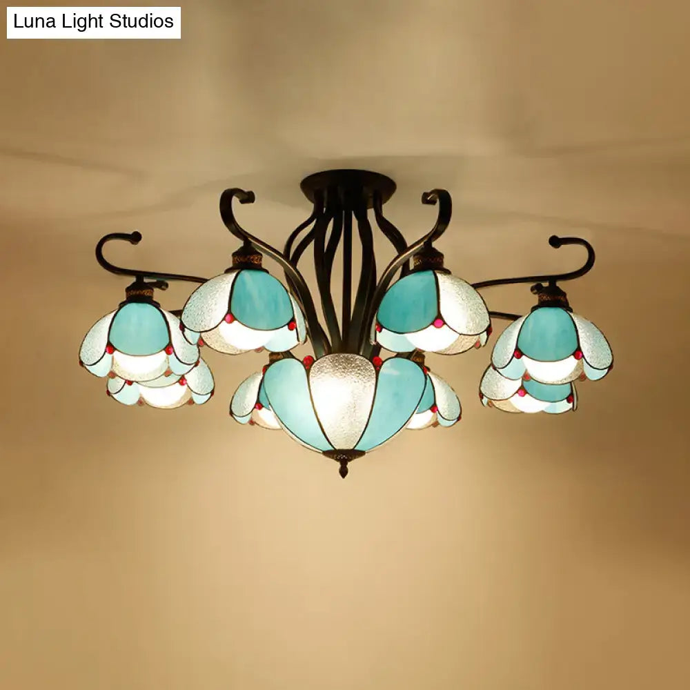 DecorBites™ handcrafted tiffany glass semi-flush mount chandelier with turquoise stained glass for living room ceiling