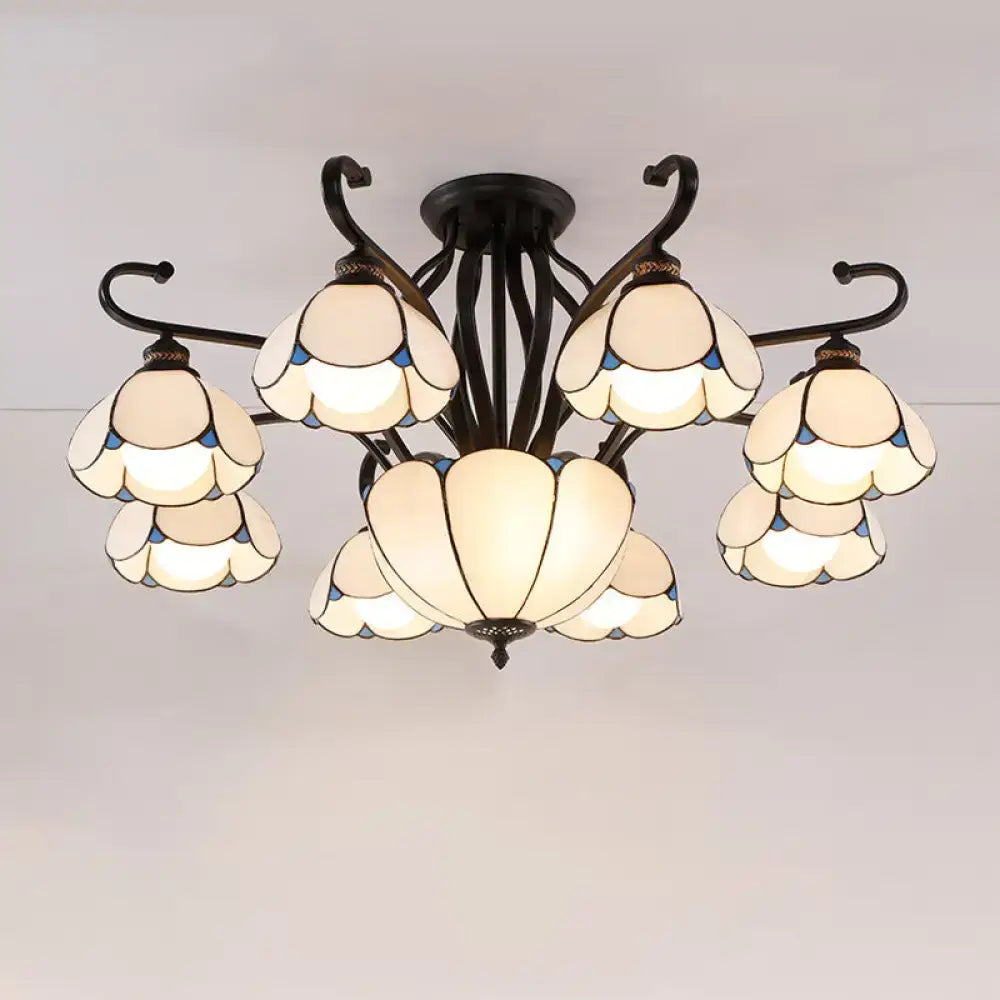 DecorBites™ handcrafted black metal semi-flush mount chandelier with six cream Tiffany glass shades for living room lighting