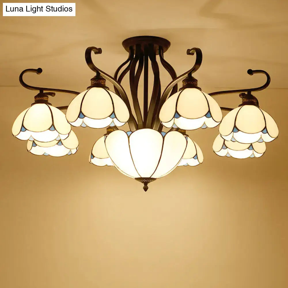 DecorBites™ handcrafted Tiffany glass semi-flush mount chandelier with bronze finish and cream stained glass shades for living room lighting