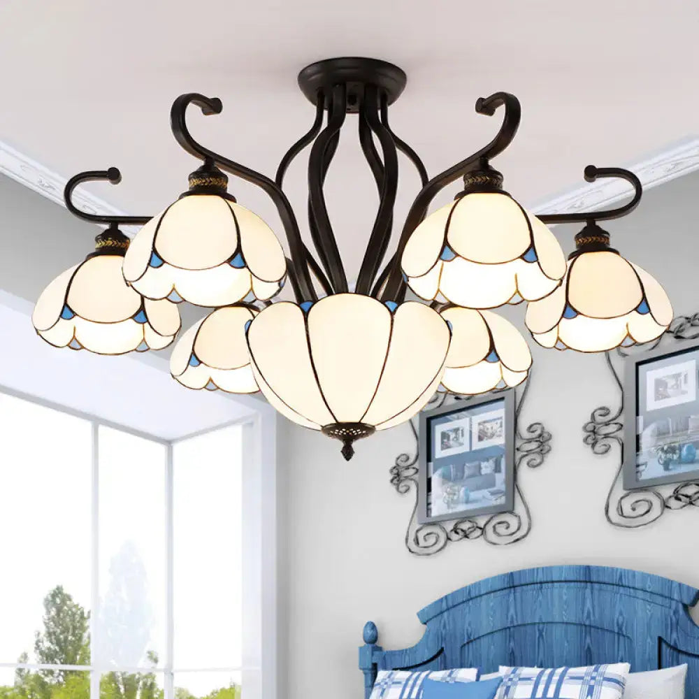Elegant black wrought iron semi-flush mount chandelier with cream stained glass flower shades for living room lighting
