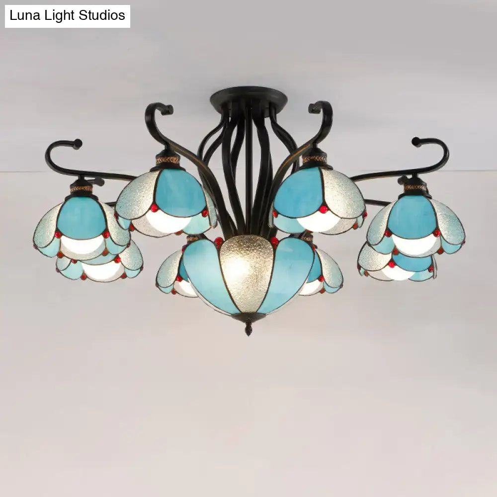 Decorbites™ handcrafted tiffany glass chandelier with five turquoise and frosted white stained glass shades for living room semi-flush mount lighting