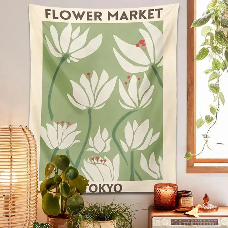 Beige dreamy flower tapestry wall hanging with vintage white flowers red centers and flower market tokyo text for bedroom decorbites