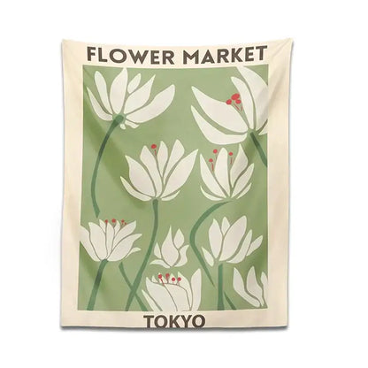 Beige dreamy flower tapestry wall hanging with vintage white flowers on olive green for bedroom decorbites decor