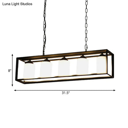 Decorbites traditional black metal rectangular pendant light with four opal glass shades suspended by chains