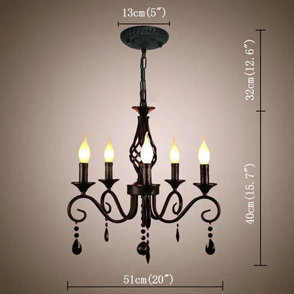 Traditional black wrought iron pendant chandelier with five candle-style bulbs and decorbites crystal pendant droplets