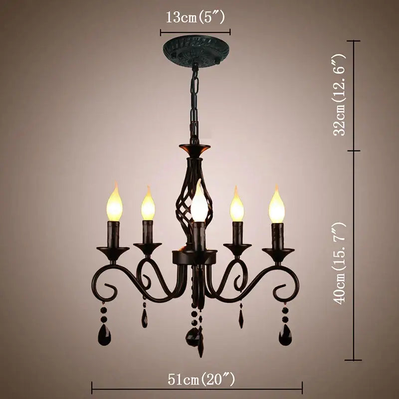 Traditional black wrought iron pendant chandelier with five candle-style bulbs and decorbites crystal pendant droplets