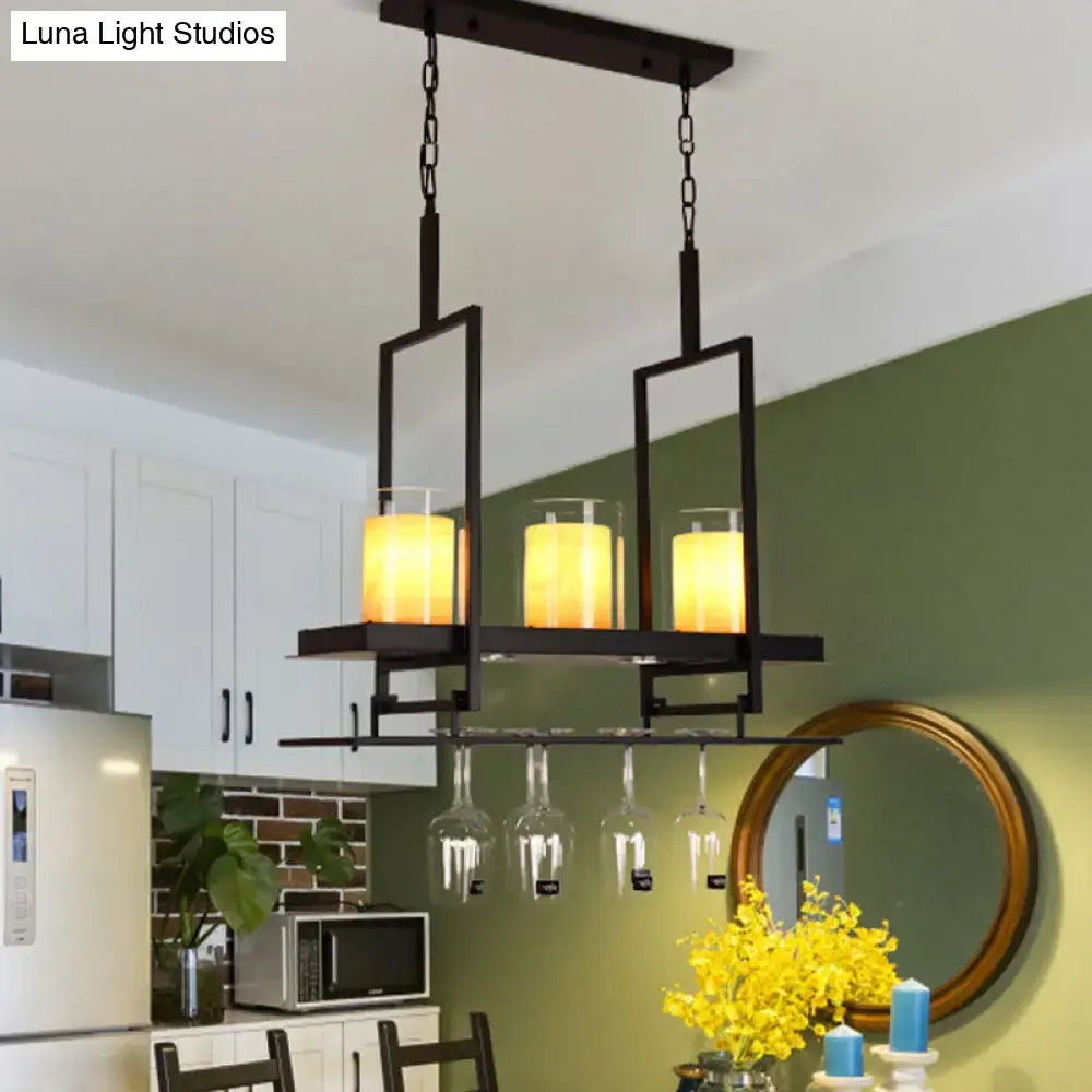Decorbites traditional black marble pendant light with metal wine glass rack and three warm heads cylinder island bulbs