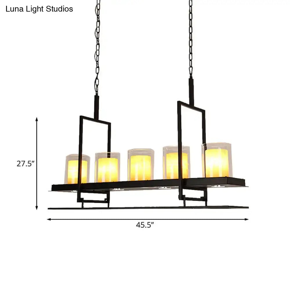Black metal chandelier with five warm yellow led candle lights in clear glass holders for heads cylinder island use