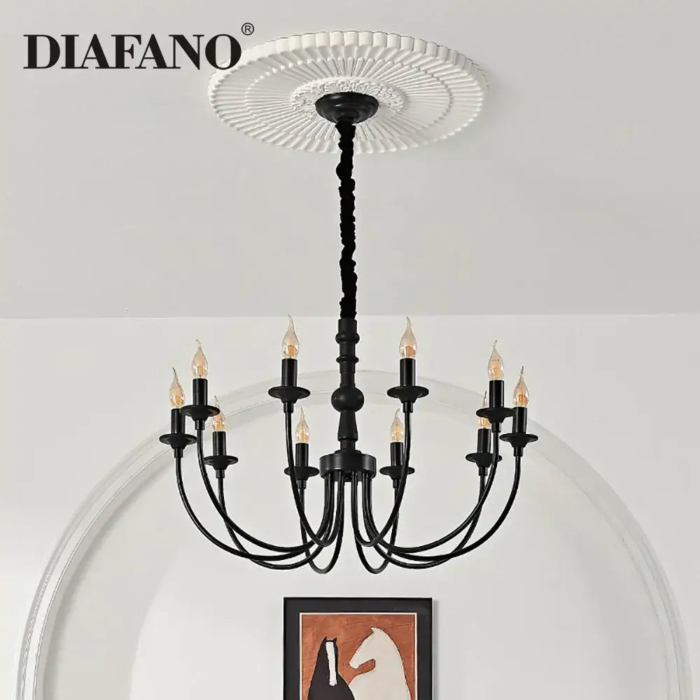 Traditional black metal chandelier with nine candle-style heads pendant lights and a decorative white ceiling medallion